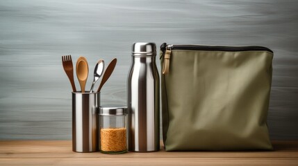 Poster - A simple table setting with a bottle, spoons, and a bag. Suitable for various food and kitchen-related themes