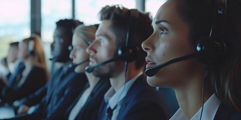 Aufkleber - A group of people wearing headsets in a call center. This versatile image can be used to represent customer service, telemarketing, or a busy office environment