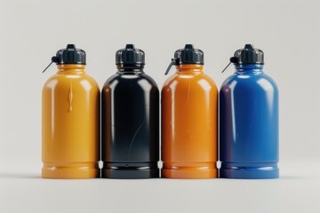 Poster - A group of four plastic water bottles sitting next to each other. Perfect for illustrating the concept of hydration and reducing plastic waste