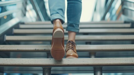 Poster - A person walking up a flight of stairs. Suitable for illustrating concepts of progress, achievement, and determination