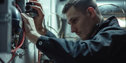 Poster - A man working on a machine in a factory. This image can be used to showcase industrial work or manufacturing processes