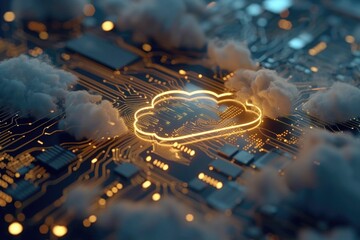 Poster - A heart-shaped cloud is beautifully formed on top of a circuit board. This image can be used to represent the combination of technology and love