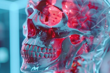 Poster - A detailed close-up view of a human skull illuminated by eerie red lights. This image can be used to create a spooky atmosphere or as a symbol of danger and mortality
