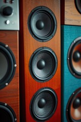 Poster - Close-up view of a wall-mounted bunch of speakers. Versatile image suitable for various audio-related projects