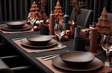 a home dinner table,gray and bronze with elements of paper and craftcore