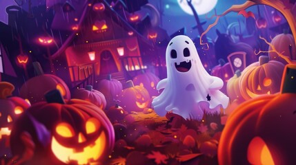 Poster - A ghost standing in a field of pumpkins. Perfect for Halloween-themed designs and decorations