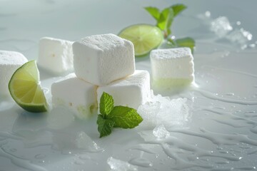 Poster - A white plate topped with cubes of sugar and lime. Perfect for adding a touch of sweetness and citrus to your beverages