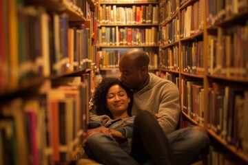 Poster - A couple finds solace in the quiet embrace of a library, surrounded by shelves of books and the comforting presence of each other
