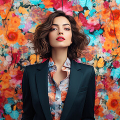 Sticker - Portrait of a stylish woman in a floral print shirt and a black jacket on a flowers wall background. Spring fashion banner mockup.