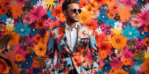 Wall Mural - Stylish man in a floral print jacket on a flowers wall background. Spring fashion banner mockup.