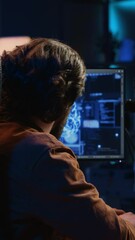 Poster - experienced developer uses computer to update artificial intelligence neural networks, writing code 