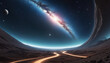 Futuristic space scene with swirling spatial and temporal elements