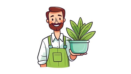 gardener with plant in flowerpot illustration isolated on white background.  with copy space. invitation card, poster