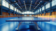 Professional table tennis arena with illuminated tables, blue floor no spectators empty, preparing for sports tournament