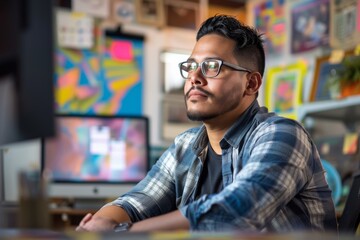 Poster - A focused man, glasses perched on his face, sits intently at his computer amidst the comfort of an indoor setting, surrounded by a wall of memories and dressed in professional attire