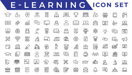 E-learning icon set. Online education icon set. Thin line icons set. Distance learning. Containing video tuition, e-learning, online course, audio course, educational website