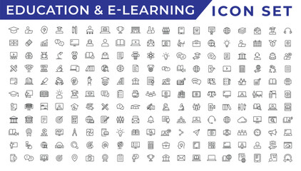 E-learning icon set. Online education icon set. Thin line icons set. Distance learning. Containing video tuition, e-learning, online course, audio course, educational website