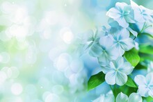 Spring Summer Blue Flowers Abstract Pastel Green White Banner And Light Bokeh. Graphic Resource And Backdrop For Design And Advertisement. Copy Space