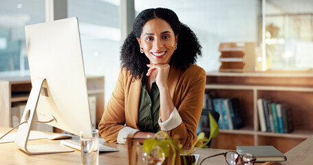 Poster - Portrait of happy woman at computer with smile, confidence and career in administration at digital agency. Internet, desk and businesswoman at tech startup with creative job for professional business