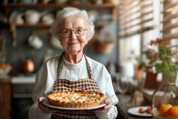 Happy cheerful senior woman holding freshly baked pie on her sunny kitchen. Grandma baking desserts for her grandchildren.