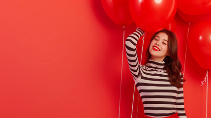 Wall Mural - young beautiful emotional girl with red ballons on red background