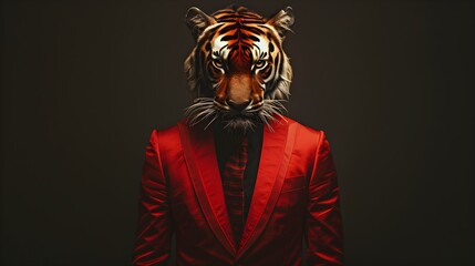 Wall Mural - A man A man wearing a red suit and tiger haunting mask neon on red background. Generative AI