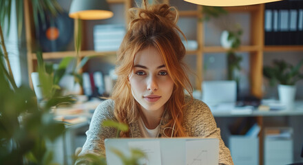 Poster - Portrait of young woman working at the office. Generative AI.