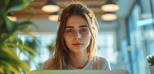Poster - Portrait of young woman working at the office. Generative AI.