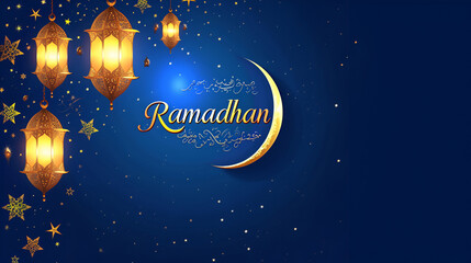 Sticker - Ramadan greetings displayed against a blue background with Arabic lanterns and a moon