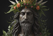 Pagan God adorned with plant, thorn, and flower crown on dark backdrop