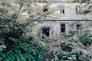 destroyed and burned houses in the city Russia Ukraine war