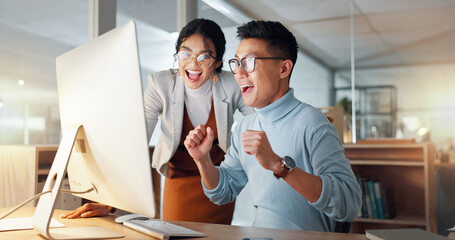 Poster - Wow, happy and business people with success in teamwork, collaboration or support for achievement in office. Employees, winning and celebration together for feedback on project goals or target