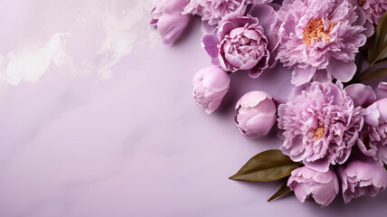 Wall Mural - Spring composition of a bouquet of lilac peonies, top view with copy space on a pastel background