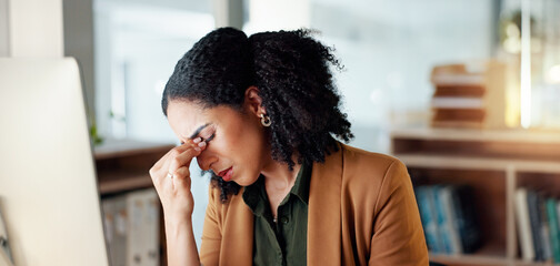 Poster - Business woman, headache and stress on computer for Human Resources fail, mistake or payroll error online. Professional african person or HR worker with glasses, pain or sad on desktop for bad news