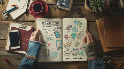 Poster - person's hands drawing and writing on a notebook with colorful sketches and the words 