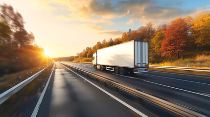 semi-truck is driving on a highway with motion blur, indicating speed, during a sunny autumn day with colorful trees on the side of the road.