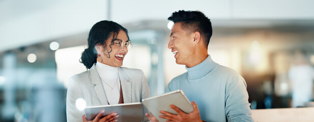 Poster - Friends, collaboration and happy with work on tablet, technology and digital transformation for business. Diverse team, professional and strategy with development, website design and ui, ux interface