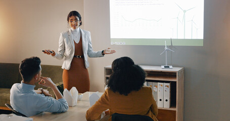 Poster - Speaker, woman and presentation with clean energy, seminar or research with corporate training, workshop or feedback. Group, presenter or staff with sustainability project, conference or eco friendly
