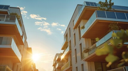 Aufkleber - Medium angle view of apartment buildings with solar roof. Generative AI.