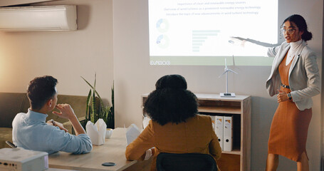 Poster - Speaker, woman and presentation with clean energy, seminar or research with corporate training, workshop or feedback. Group, presenter or staff with sustainability project, conference or eco friendly