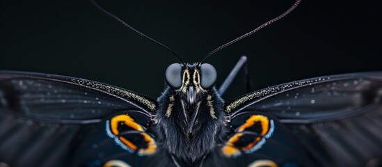 Wall Mural - Macro photography of beautiful black and yellow moth in nature, close up detailed view of insect