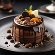 A dessert combines rich dark chocolate on a plate