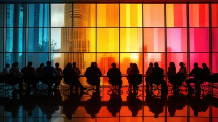Poster - Silhouettes of business professionals in a meeting room with a brightly colored window. Generative AI.