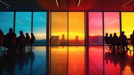 Poster - Silhouettes of business professionals in a meeting room with a brightly colored window. Generative AI.
