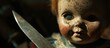 Creepy doll holding knife in its mouth ready to attack with scary expression