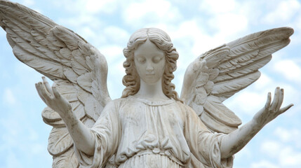 Wall Mural - A solitary angel with open palms raised towards the heavens lost in meditative thought.
