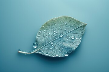 Poster - Transparent leaf with water drops on a pastel blue background. Generative AI.