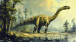 Diplodocus with very large, long-necked, long, whip-like tails, quadrupedal animals, green wood background