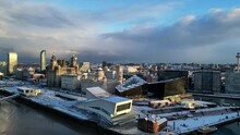 4K Aerial Footage Of Liverpool. Amazing Fly Around Of The Snowy Winter City