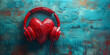 Red heart with headphones, world music day, listening to global sound and acoustic wave, love and emotion
